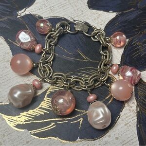 Vintage y2k Iridescent Pink Bead Charm Faux Pearl and Silver Charm Bracelet D3